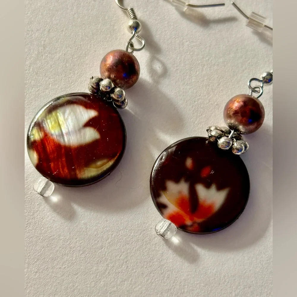 NWOT Earrings Mother of Pearl burgundy painted disks, copper beads pierced hook